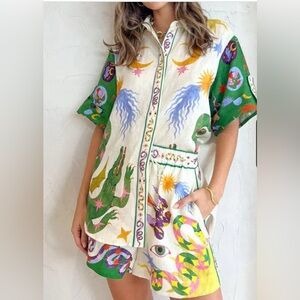 Women’s Matching Set! Blouse + Pocketed Shorts Unique Print Vacation/Resort Wear